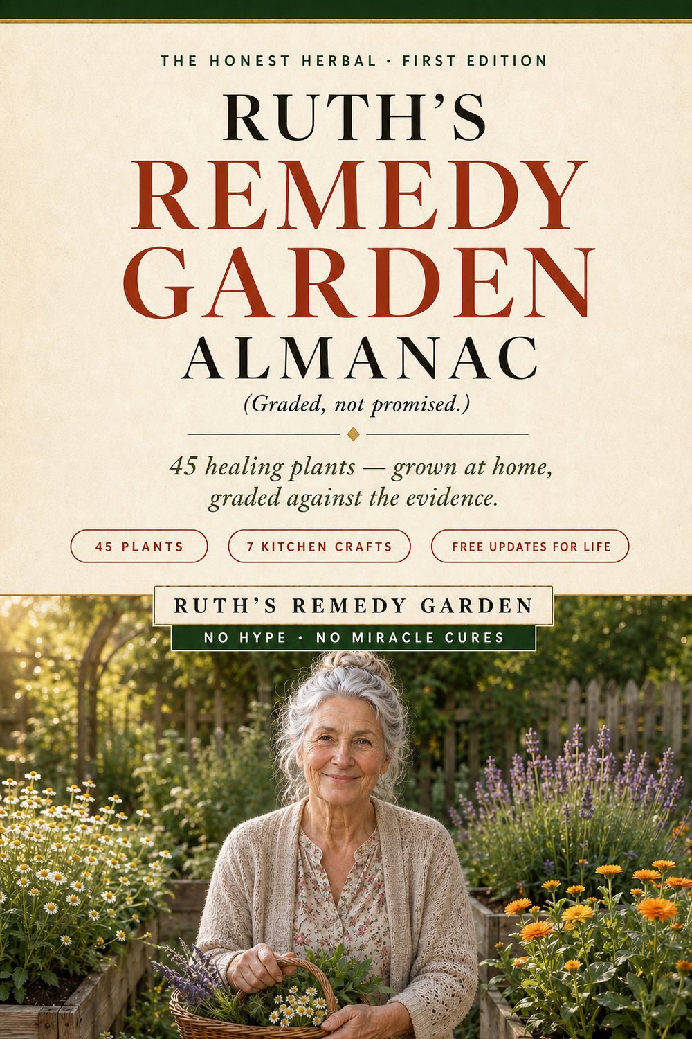 The Remedy Garden Almanac — First Edition cover: Ruth in her herb garden beneath the title and the three grade badges